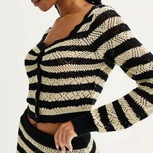 Freshman Crochet Striped Cropped Long Sleeve Cardigan Top Black Cream Women Sz M